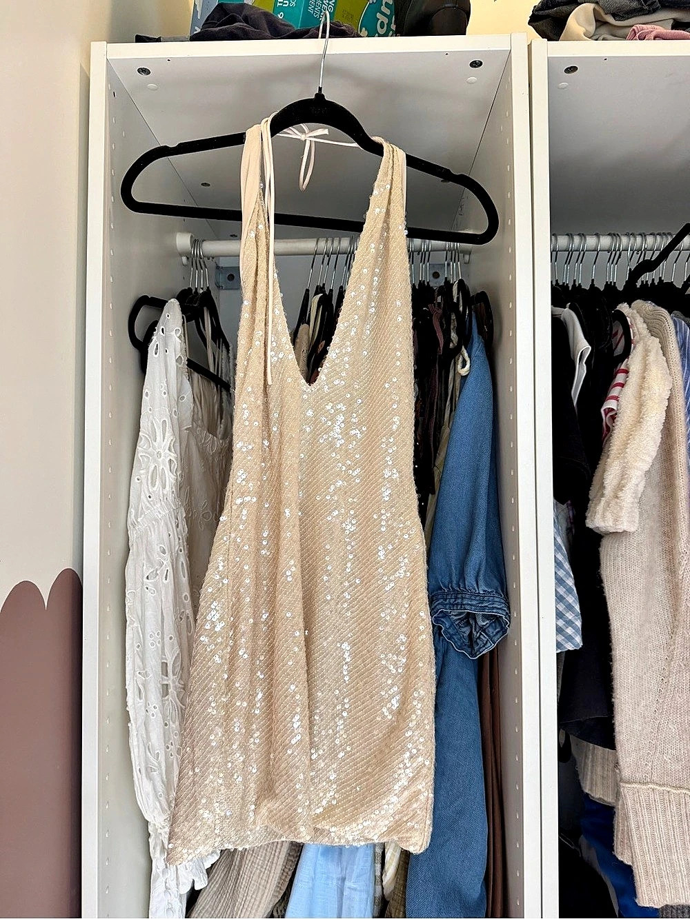 MESHKI Deep V Sequin Mini Dress Sequin Mini Dress in Cream Size Large NWT